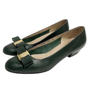 Twee Salvatore Ferragamo Leather Vara Bow Pumps Shoes Size 6 Green Italian Retro